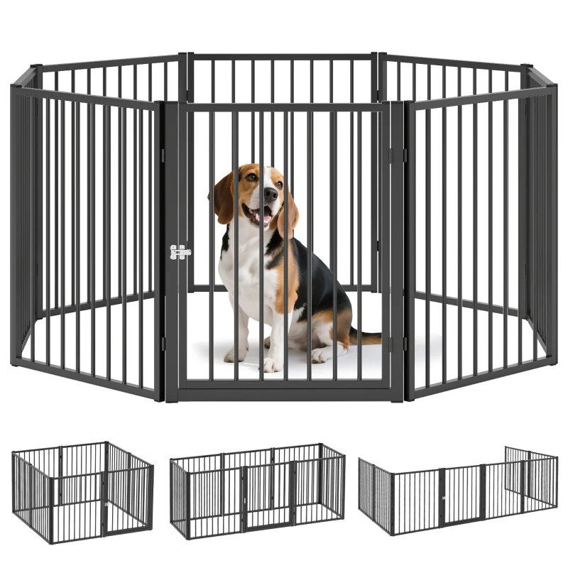 PawHut Welpenauslauf, Hundeauslauf, Welpengehege, 8 Paneele mit Tür, faltbarer und tragbarer Hundezaun, Stahl, Schwarz(m-11)