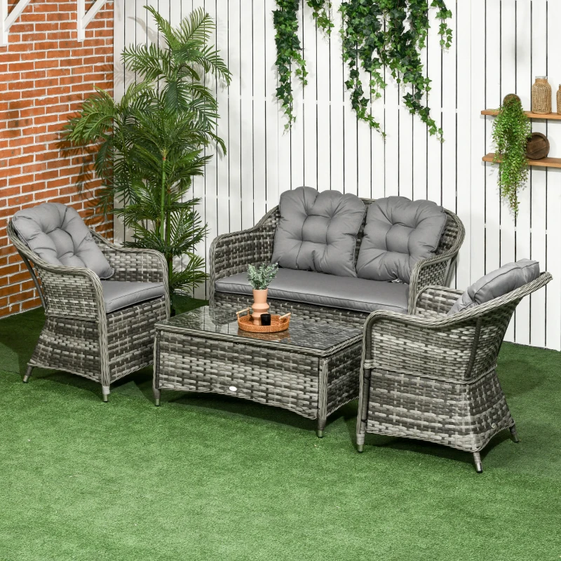 Outsunny 4 Pieces Outdoor PE Rattan Garden Furniture Set with Cushions - Patio Special Hand Weave Wicker Conservatory Sofa Set and Glass Top Coffee Table, Mixed Grey