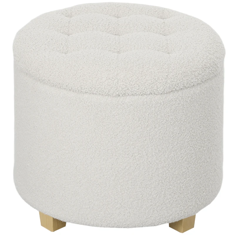 HOMCOM Puff Almacenaje Baúl de Almacenaje Redondo 40,5L 45x45x41 cm Tapizado en Borreguillo con Patas de Madera Blanco