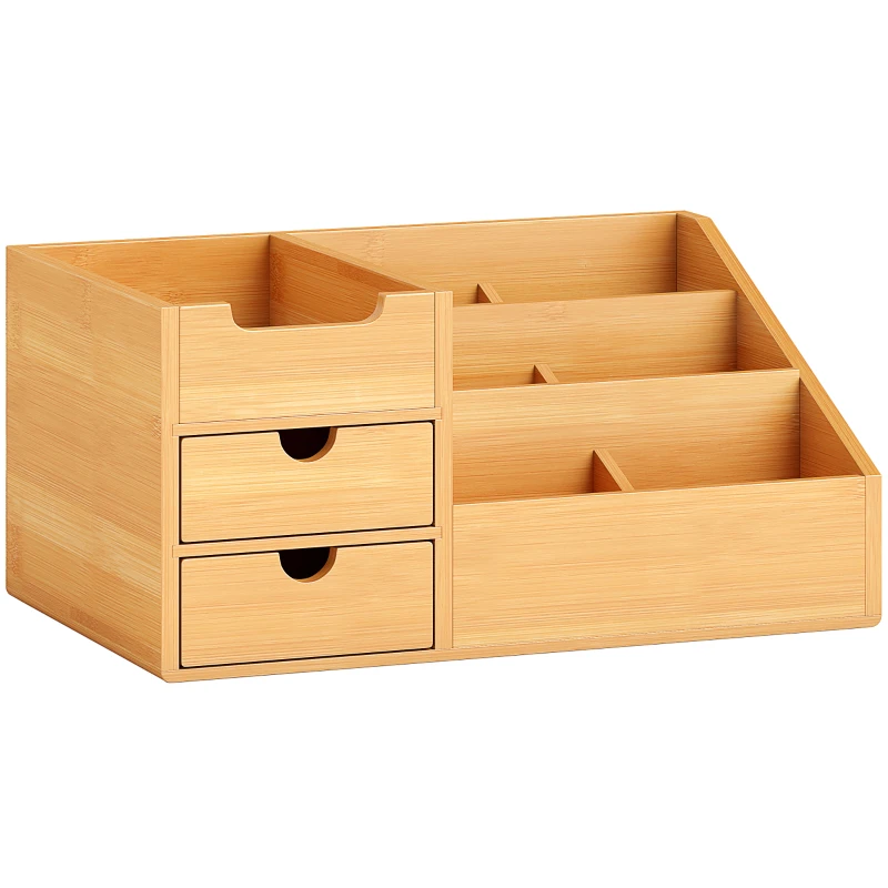 HOMCOM Organizer da Scrivania in Bambù con 2 Cassetti e 7 Scomparti Portaoggetti, 33x20.5x15.5 cm