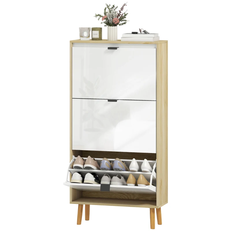 HOMCOM Meuble à chaussures, armoire à chaussures étroite, 3 tiroirs rabattables, porte haute brillante, 60x24x127cm, blanc