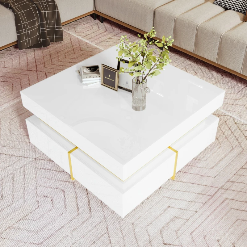 High-Gloss Coffee Table with Gold Accents and Drawers, Tea Table Perfect for Living Rooms and Apartments, 70L x 70W x 35.5H cm, White