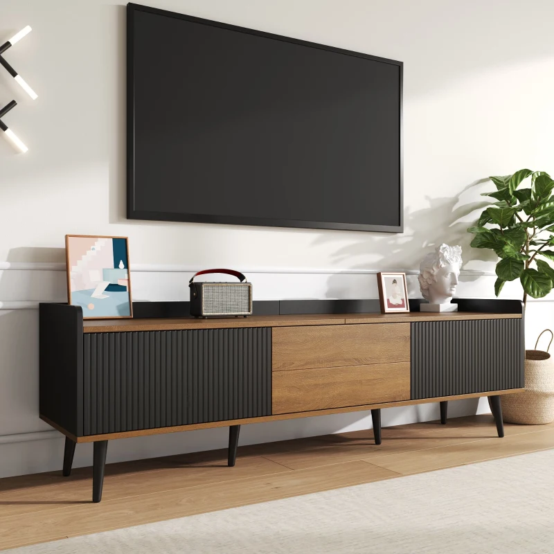 3 Doors TV Cabinet with Raised Edge and Wooden Legs, Media Cabinet for Modern Homes with Children, 160L x 39W x 49.5H cm, Black