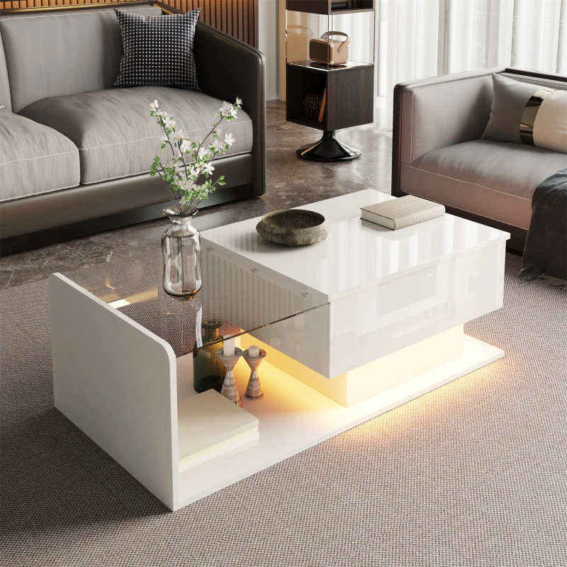 High-Gloss Coffee Table with Adjustable Height and LED Lighting, Tea Table with Tempered Glass Top for Living Room, 100L x 50W x 33H cm, White
