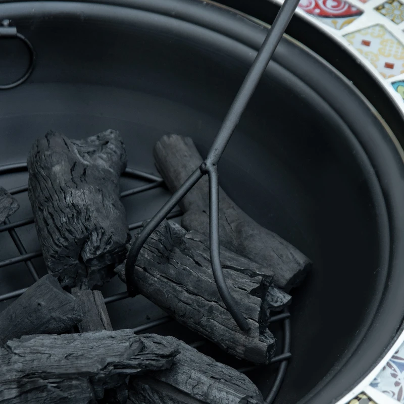 Outsunny Braciere da Esterno 3 in 1 con Tavolino, Griglia e Attizzatoio, in Metallo e Ceramica, 75x75x60 cm