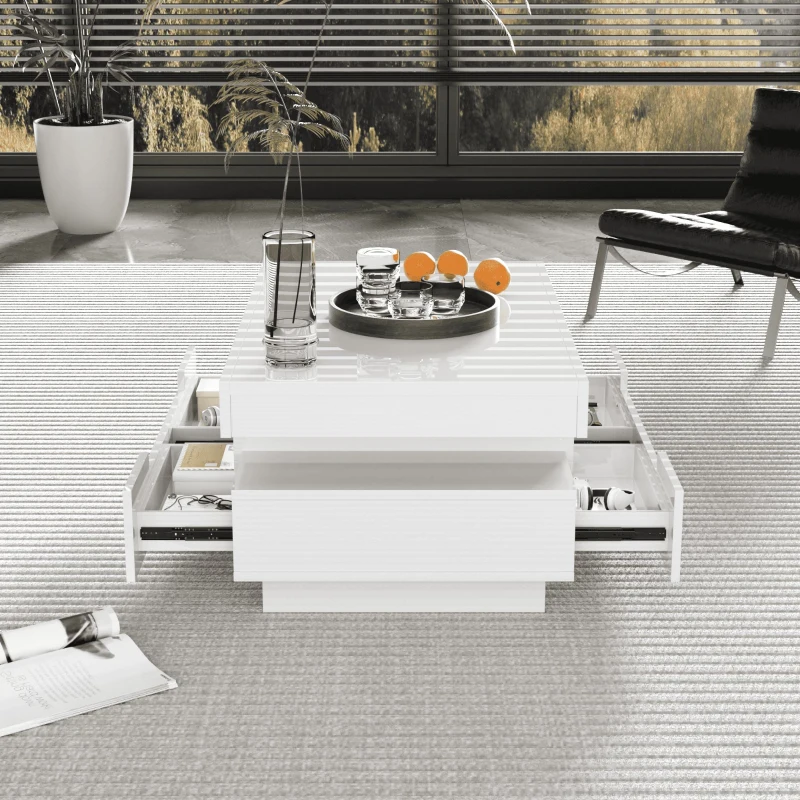 Elegant Coffee Table with High-Gloss Surface, LED Light Strip and 4 Drawers, Side Table Ideal for Modern Elegance, 80L x 50W x 36H cm, White