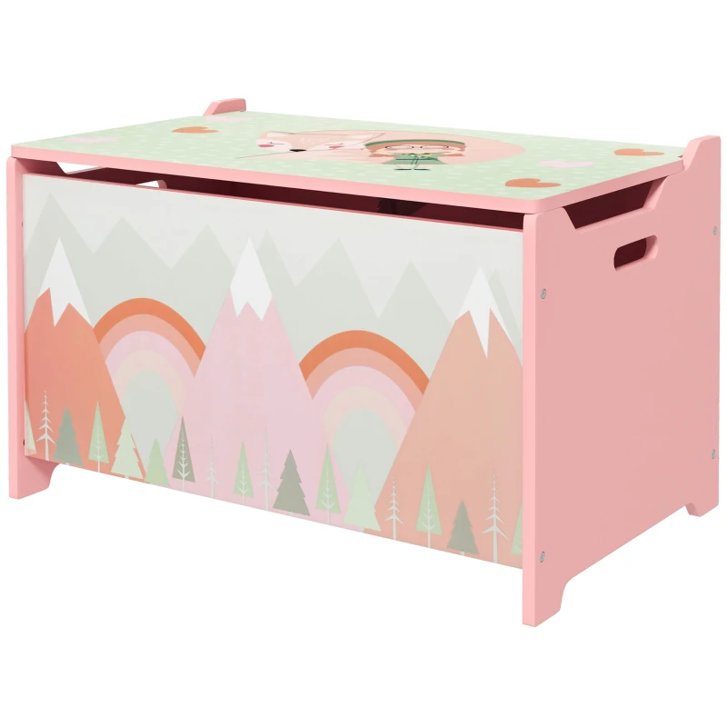 ZONEKIZ Coffre à jouet enfant coffre de rangement enfant couvercle rabattable motif de forêt coins arrondis 60 x 37 x 39 cm rose