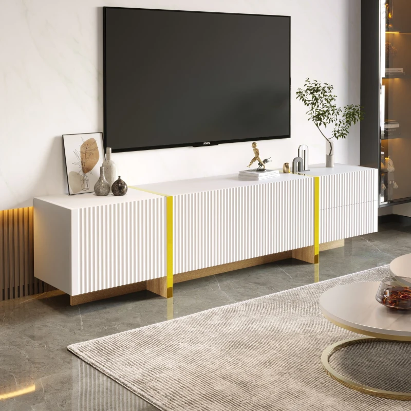 Elegant TV Cabinet with Large Storage, Soft-Close Hinges and Elegant Design, TV Stand for Living and Media Room, 190L x 35W x 45H cm, Gold+White