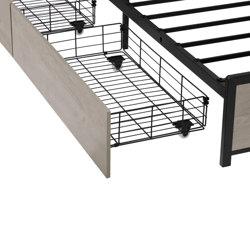 Double Bed Frame with Drawers and RGB LED Lighting, Headboard with Type-C and USB Ports, 207L x 138W x 101H cm, Grey+Rustic Brown