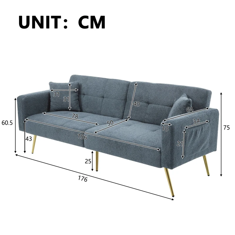Convertible Sofa Bed with Adjustable Backrest, Sherpa Fabric and Gold Legs, Sleeper Sofa for Compact Rooms, 176L x 64W x 75H cm, Blue