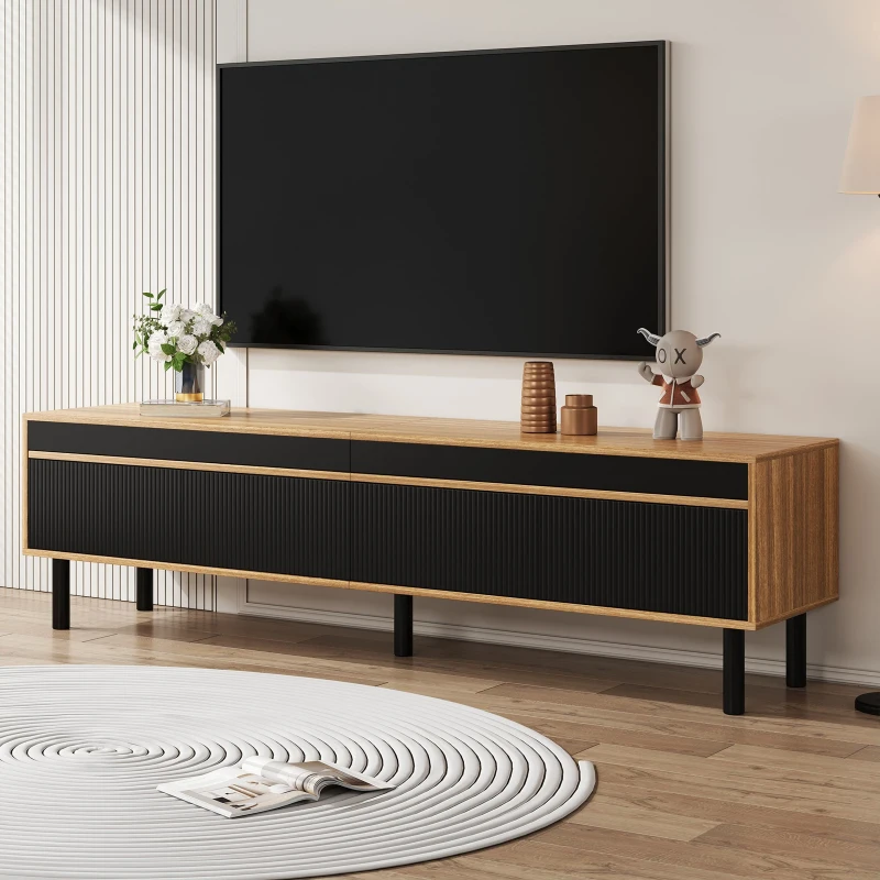 Elegant TV Cabinet with 4 Doors, Striped Design and Wooden Legs, Media Cabinet for Modern Homes, 170L x 38W x 47H cm, Black+Natural