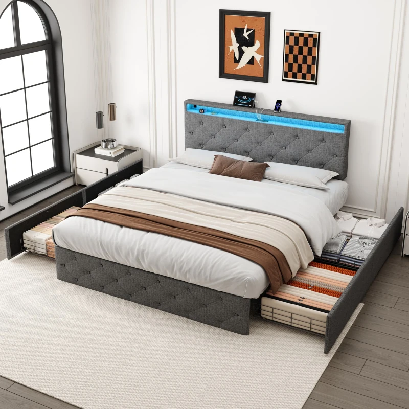 Double Upholstered Bed with Storage Drawers, Adjustable Button Tufted Design, Headboard for Modern Elegance, 200L x 142W x 109H cm, Grey