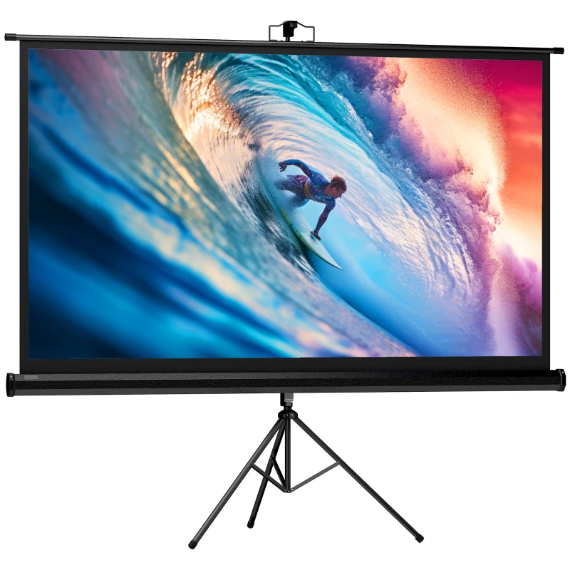 HOMCOM Tela de Projeção Manual com Suporte 84 Polegadas Portátil Formato 16:9 com Altura Ajustável 200x8x118 cm Branco e Preto
