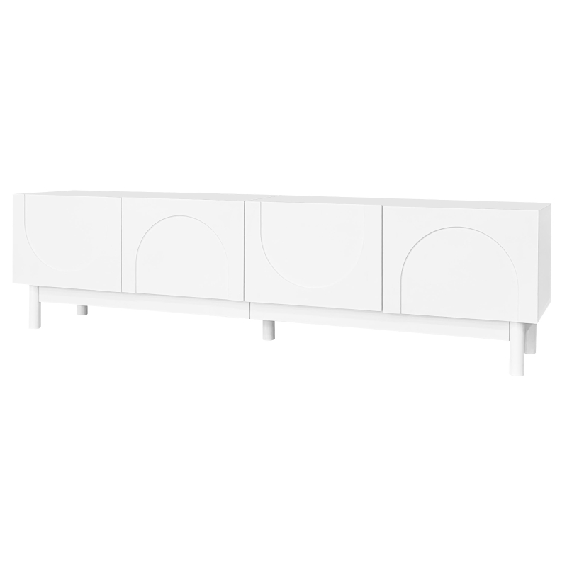 Elegant TV Cabinet with Curved Doors, Adjustable Shelves and Solid Wood Legs, TV Stand for Living Rooms, 169L x 34W x 45.5H cm, White