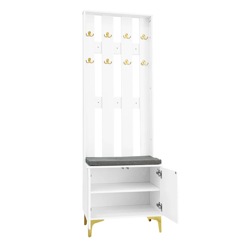 Elegant Wardrobe Set with Shoe Bench and Cushion, Adjustable Shelves, Closet Set Perfect for Entryway, 60.5L x 35W x 60.5H cm, White