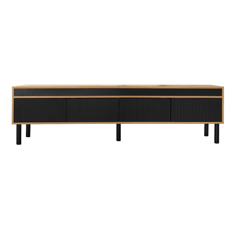 Elegant TV Cabinet with 4 Doors, Striped Design and Wooden Legs, Media Cabinet for Modern Homes, 170L x 38W x 47H cm, Black+Natural