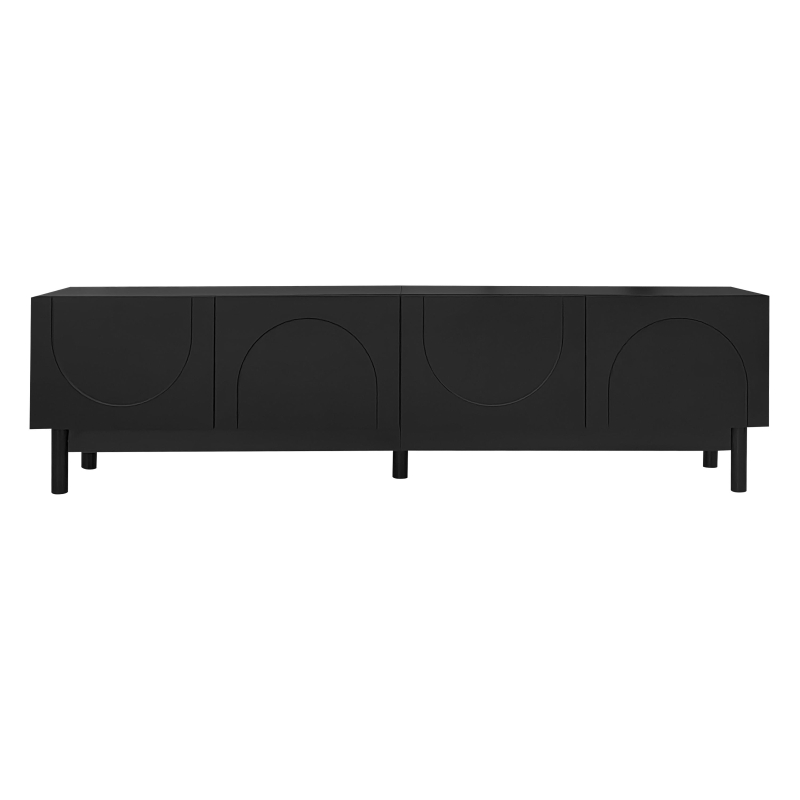 Pure Black TV Cabinet with Curved Doors and Shelves, Stabilising Legs, Modern TV Stand for Organised Homes, 169L x 34W x 45.5H cm, Black