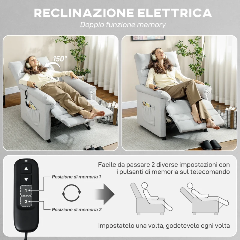 HOMCOM Poltrona Reclinabile con Poggiapiedi, Riscaldamento, 8 Punti Massaggio e 5 Modalità, Tessuto Vellutato, Grigio