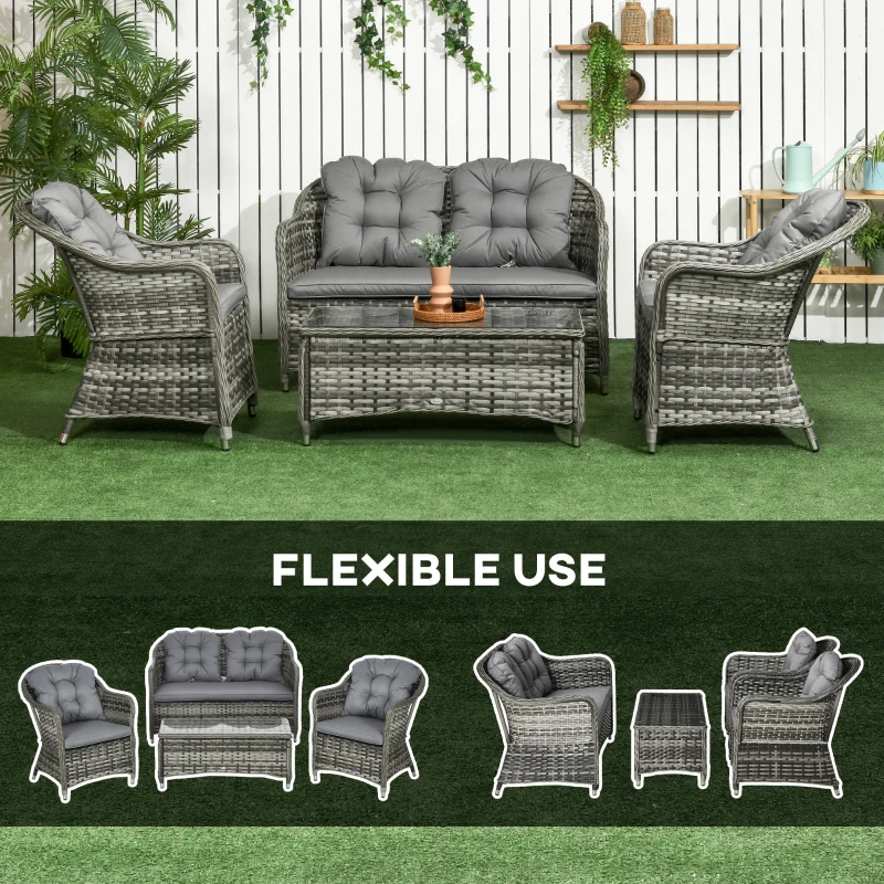 Outsunny 4 Pieces Outdoor PE Rattan Garden Furniture Set with Cushions - Patio Special Hand Weave Wicker Conservatory Sofa Set and Glass Top Coffee Table, Mixed Grey