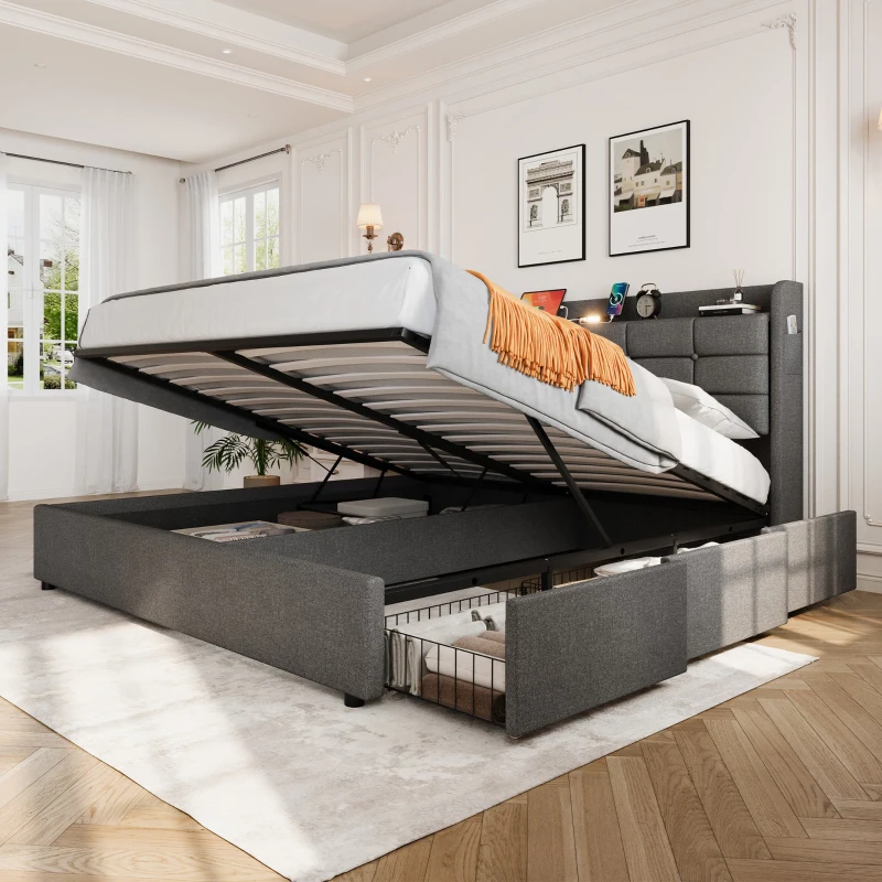King Bed Frame with Hydraulic Storage and LED Night Light, Linen Upholstered Bed Ideal for Modern Elegance, 202L x 153W x 113H cm, Grey