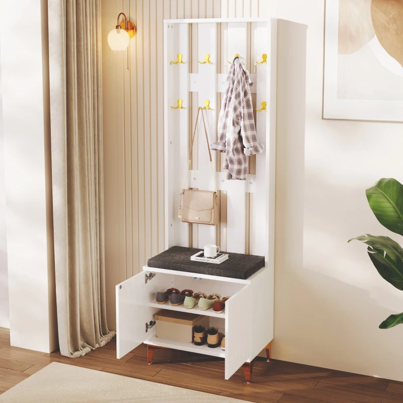Elegant Wardrobe Set with Shoe Bench and Cushion, Adjustable Shelves, Closet Set Perfect for Entryway, 60.5L x 35W x 60.5H cm, White