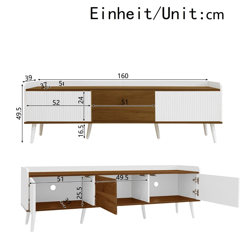 3 Doors TV Cabinet with Raised Edge and Wooden Legs, Media Cabinet for Modern Homes with Children, 160L x 39W x 49.5H cm, White
