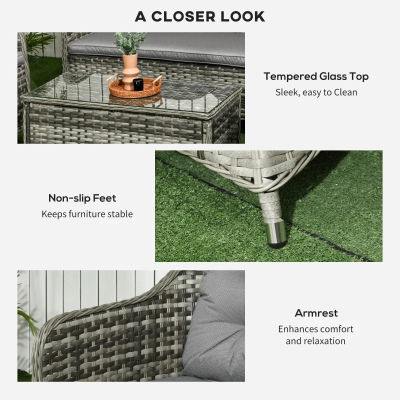 Outsunny 4 Pieces Outdoor PE Rattan Garden Furniture Set with Cushions - Patio Special Hand Weave Wicker Conservatory Sofa Set and Glass Top Coffee Table, Mixed Grey