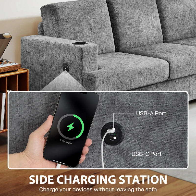 HOMCOM 3 Seater Sofa with USB Ports & Cup Holders - Grey