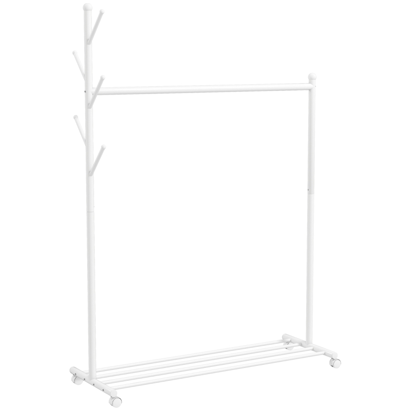 HOMCOM Burro para Ropa con Ruedas 5 Ganchos Barra para Colgar y Balda Inferior para Recibidor Entrada 120x43x171 cm Blanco