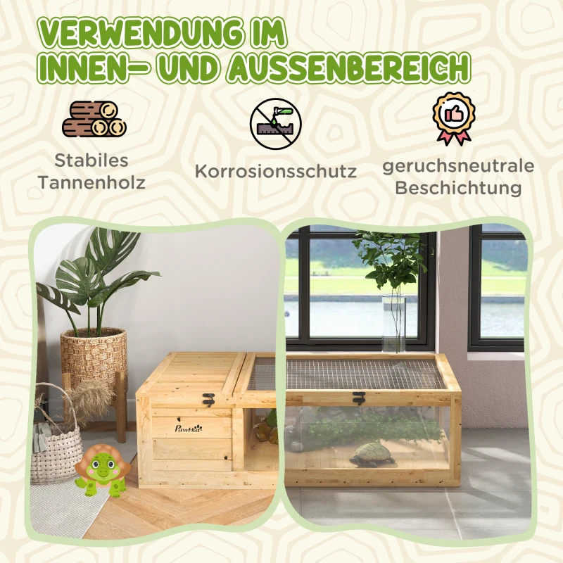 PawHut Schildkrötenhaus aus Holz, Schildkrötengehege mit Haupthäusern, aufklappbare Oberseite, 91 x 60,5 x 32 cm, Gelb(m-4)