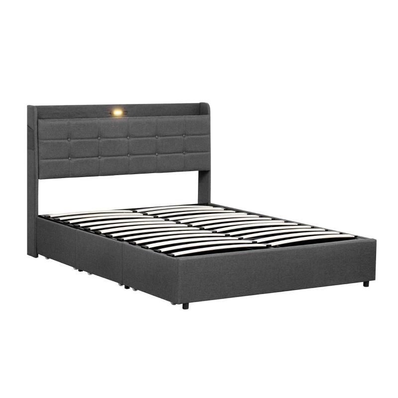 King Bed Frame with Hydraulic Storage and LED Night Light, Linen Upholstered Bed Ideal for Modern Elegance, 202L x 153W x 113H cm, Grey