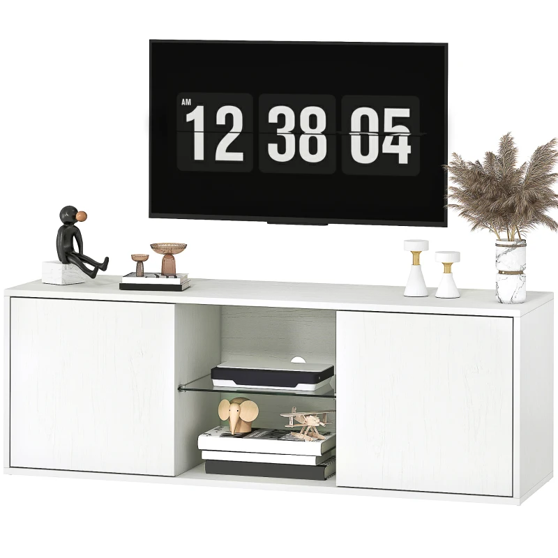 HOMCOM Meuble TV jusqu'à 55" Suspendu ou au Sol, Portes Soft Close, Trou Passe-câbles et Étagère en Verre, Blanc