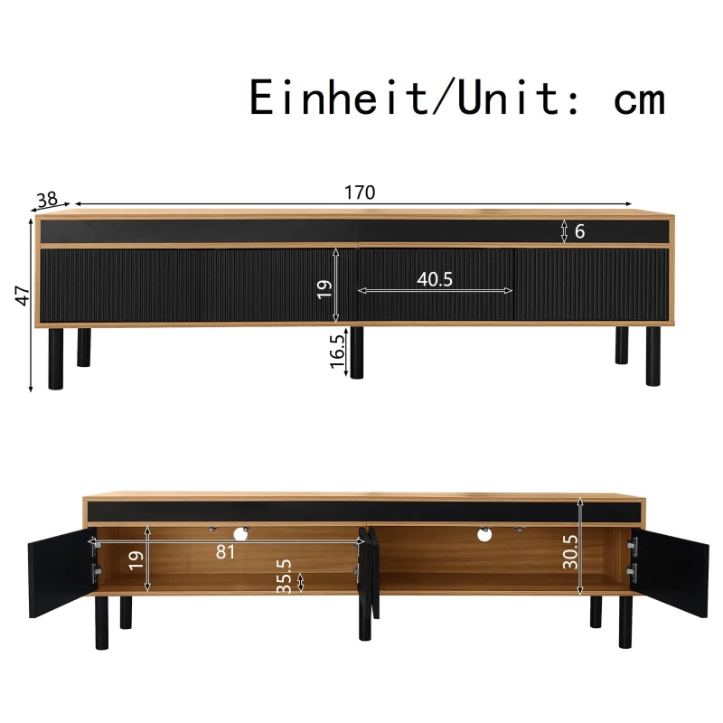 Elegant TV Cabinet with 4 Doors, Striped Design and Wooden Legs, Media Cabinet for Modern Homes, 170L x 38W x 47H cm, Black+Natural