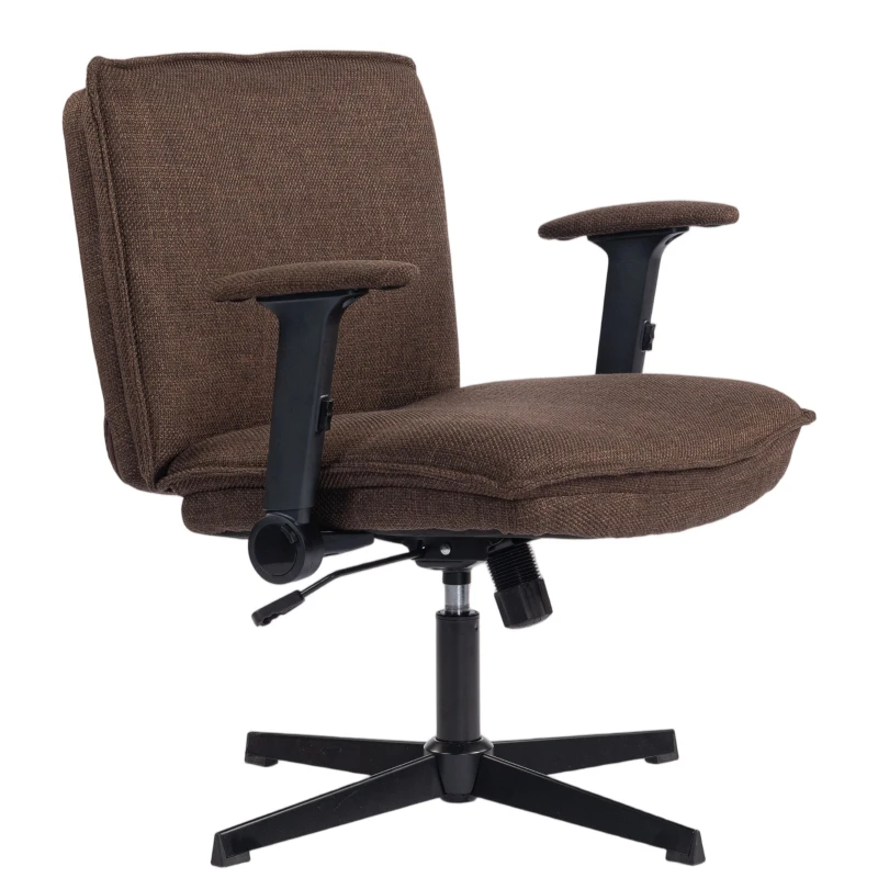 HOMCOM Silla de Oficina Piernas Cruzadas con Reposabrazos Abatible Asiento Ancho sin Ruedas Altura Ajustable Giratoria Marrón