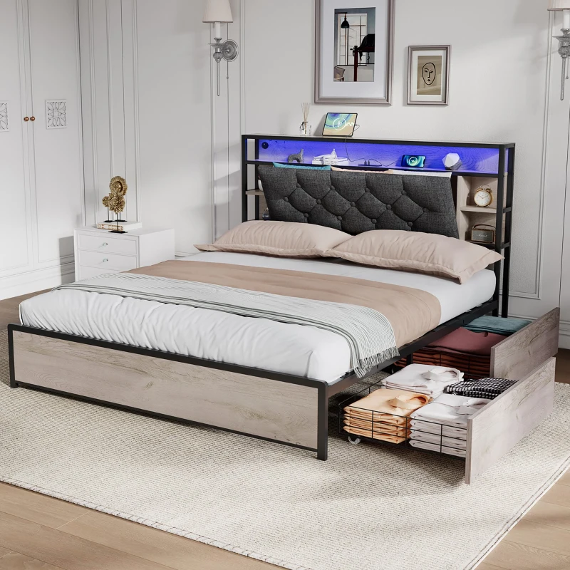 Double Bed Frame with Drawers and RGB LED Lighting, Headboard with Type-C and USB Ports, 207L x 138W x 101H cm, Grey+Rustic Brown