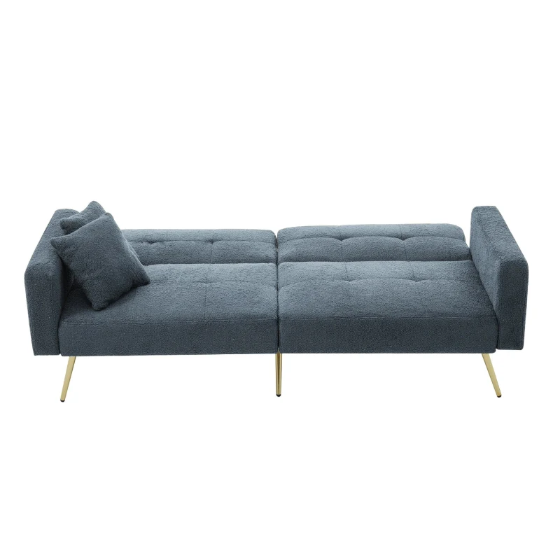 Convertible Sofa Bed with Adjustable Backrest, Sherpa Fabric and Gold Legs, Sleeper Sofa for Compact Rooms, 176L x 64W x 75H cm, Blue