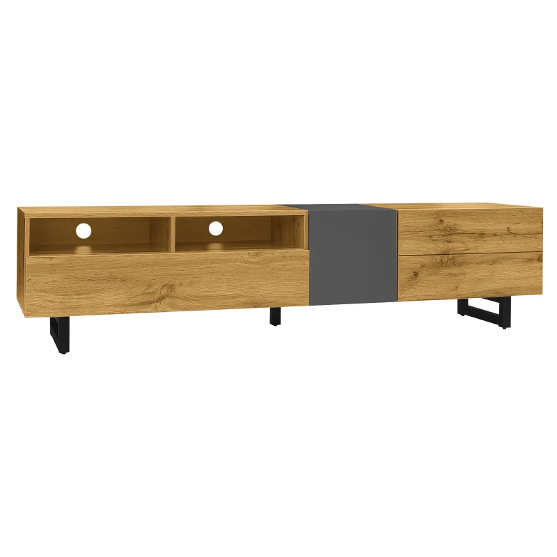 Retro TV Cabinet with Three Doors and 2 Compartments, U-Shaped Legs, TV Stand for Living Rooms, 170L x 36.5W x 42H cm, Dark Gray+Natural