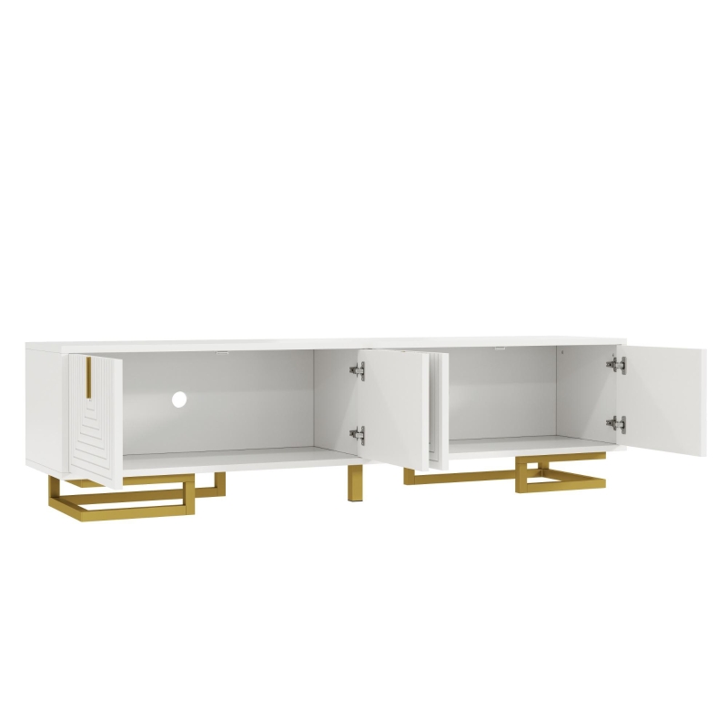 Elegant TV Cabinet with Textured Doors, Golden Handles, Adjustable Feet, Modern TV Stand for Living Room, 160L x 38W x 44.5H cm, White