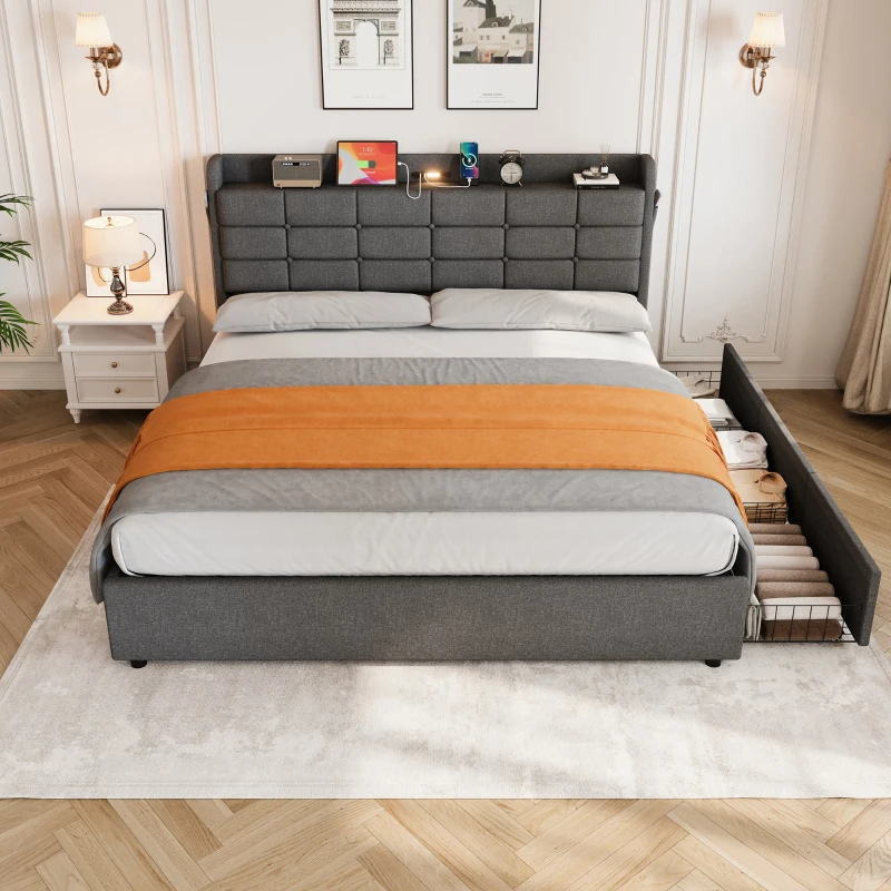 King Bed Frame with Hydraulic Storage and LED Night Light, Linen Upholstered Bed Ideal for Modern Elegance, 202L x 153W x 113H cm, Grey