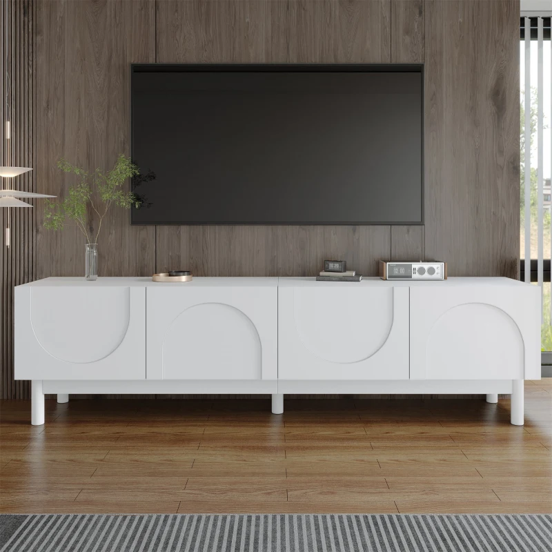 Elegant TV Cabinet with Curved Doors, Adjustable Shelves and Solid Wood Legs, TV Stand for Living Rooms, 169L x 34W x 45.5H cm, White