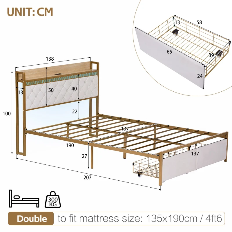 Double Bed Frame with Storage Drawers, RGB LED Headboard, Modern Bed Base for Living Rooms, 207L x 138W x 100H cm, Beige+Chrome