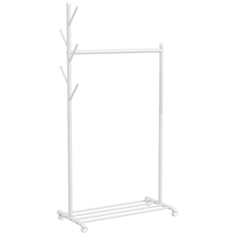 HOMCOM Burro para Ropa con Ruedas 5 Ganchos Barra para Colgar y Balda Inferior para Recibidor Entrada 86x43x171 cm Blanco