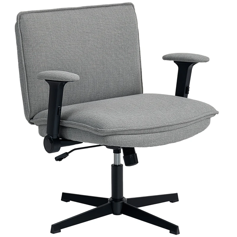 HOMCOM Silla de Oficina Piernas Cruzadas con Reposabrazos Abatible Asiento Ancho sin Ruedas Altura Ajustable Giratoria Gris