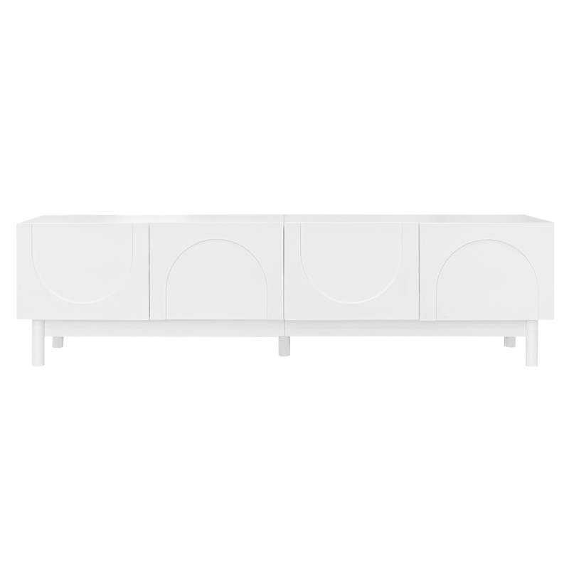 Elegant TV Cabinet with Curved Doors, Adjustable Shelves and Solid Wood Legs, TV Stand for Living Rooms, 169L x 34W x 45.5H cm, White