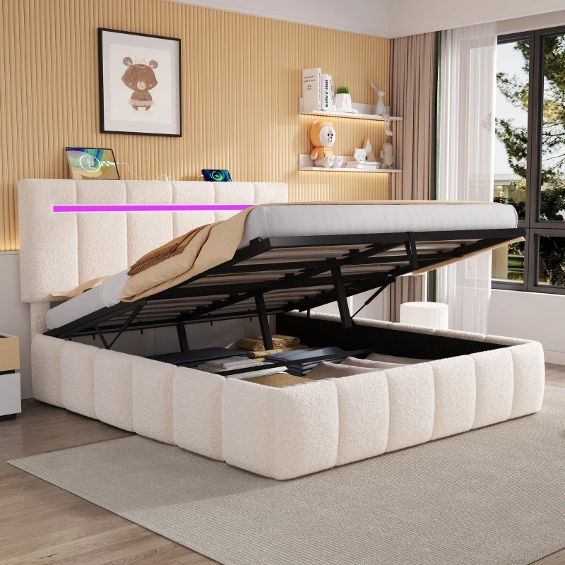 Double Upholstered Bed Frame with Hydraulic Storage and Charging Station, LED Headboard for Modern Homes, 193L x 144W x 116H cm, Beige