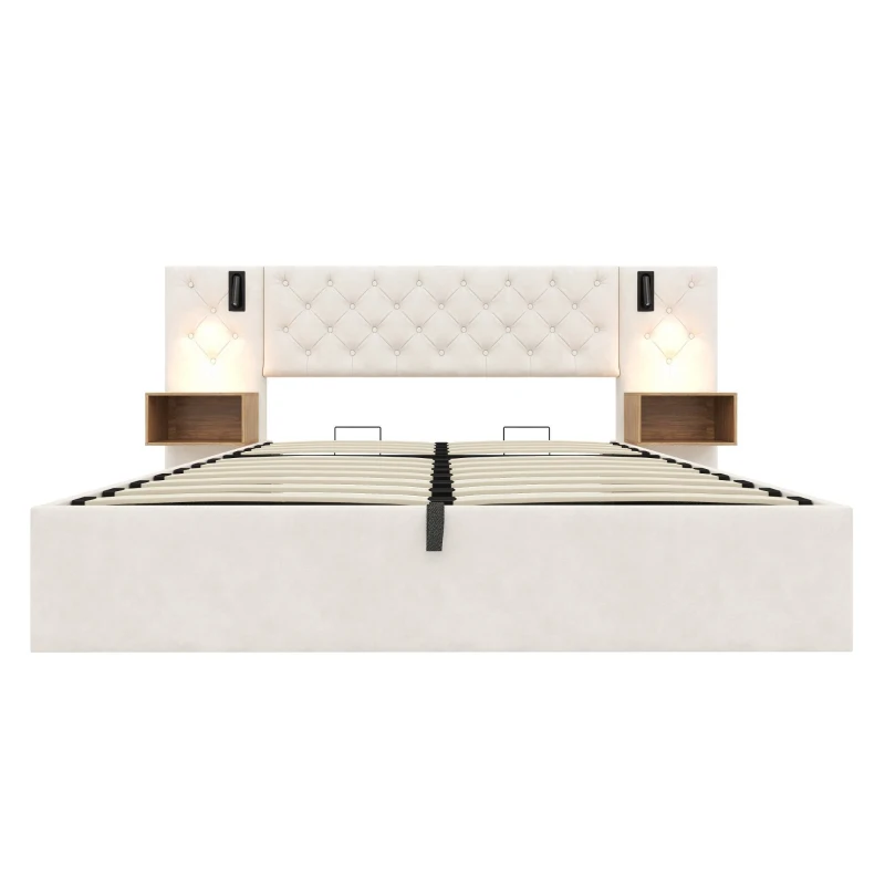 King Bed Frame with Charging Station and Reading Light, Upholstered Bed with Button Tufted Headboard, 207L x 237W x 108H cm, Beige