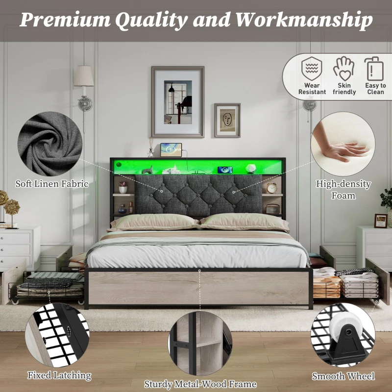 Double Bed Frame with Drawers and RGB LED Lighting, Headboard with Type-C and USB Ports, 207L x 138W x 101H cm, Grey+Rustic Brown