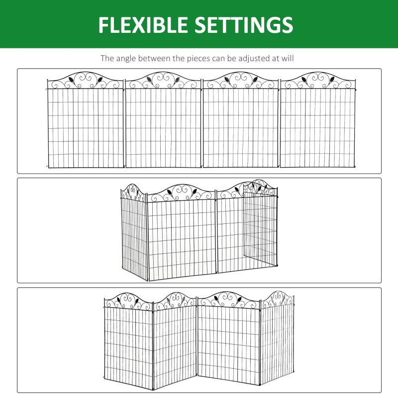 Outsunny Set of 2 Decorative Garden Fence, 8 Panels Metal Picket Fence, Versatile Shapes for Patio Lawn, 365cm x 112cm, Black