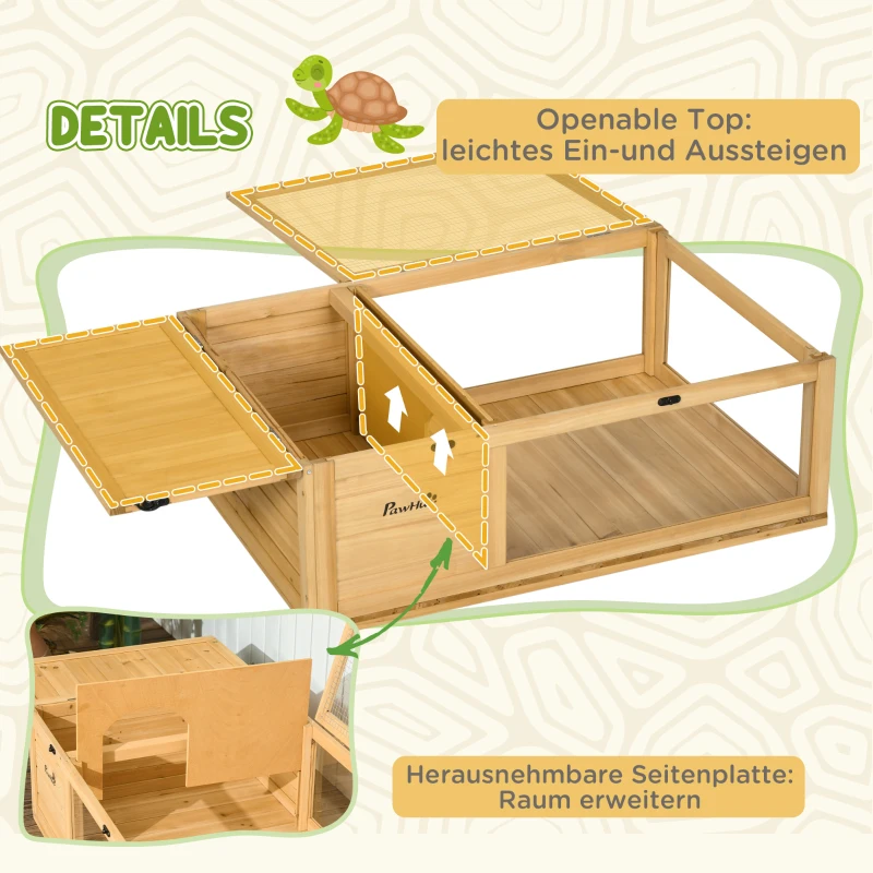 PawHut Schildkrötenhaus aus Holz, Schildkrötengehege mit Haupthäusern, aufklappbare Oberseite, 91 x 60,5 x 32 cm, Gelb(m-5)