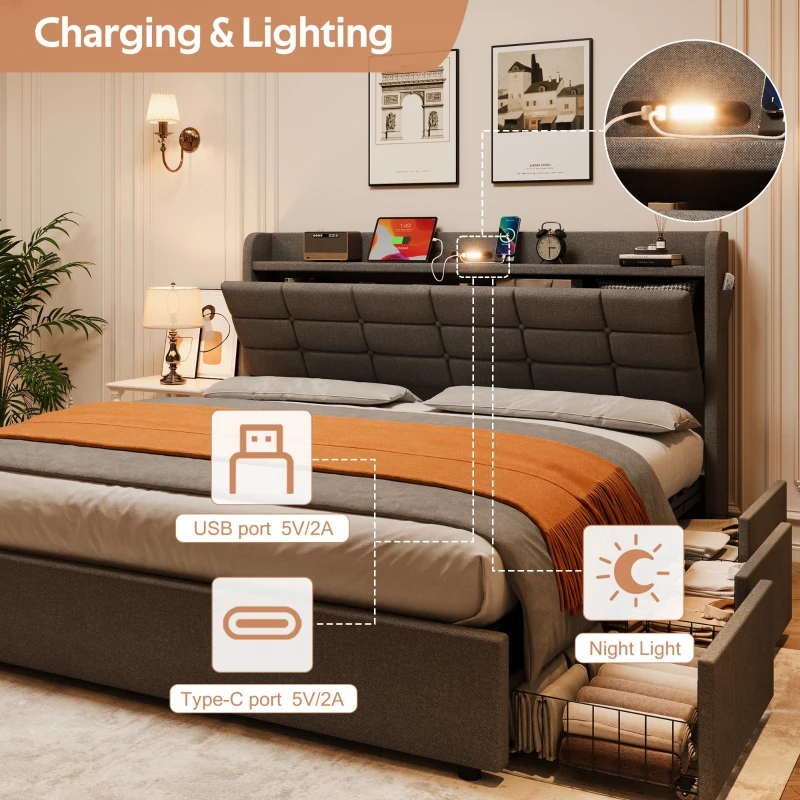 King Bed Frame with Hydraulic Storage and LED Night Light, Linen Upholstered Bed Ideal for Modern Elegance, 202L x 153W x 113H cm, Grey